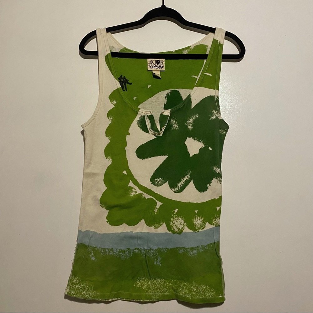 Vintage Y2K Lucky Brand Tank Top - Green and White Asian Floral - size Large